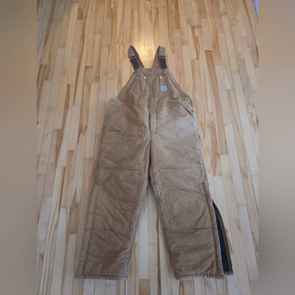 Brown Work Distressed Carhartt Lined Quilted Overalls Workwear Streetwear 44x30